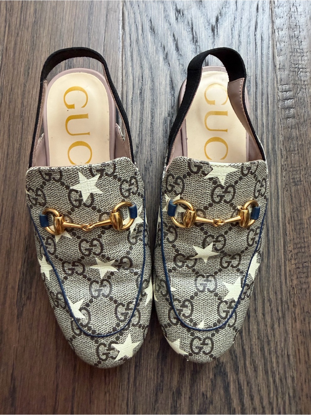 Gucci Beige Star GG Canvas Horsebit Slingback Loafers with Blue Trim